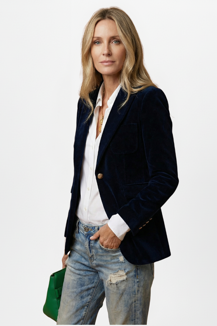 Model turned slightly to the side with one hand in her jeans pocket, wearing the navy blazer 3