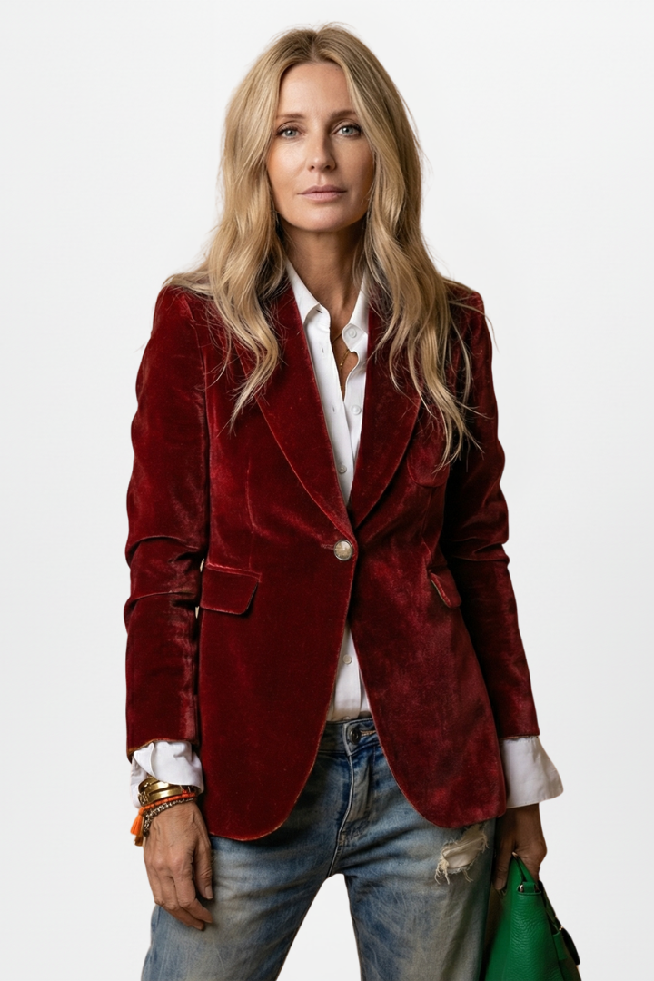 Model wearing the blazer in a deep red crushed velvet, with white shirt, jeans and bracelets 7
