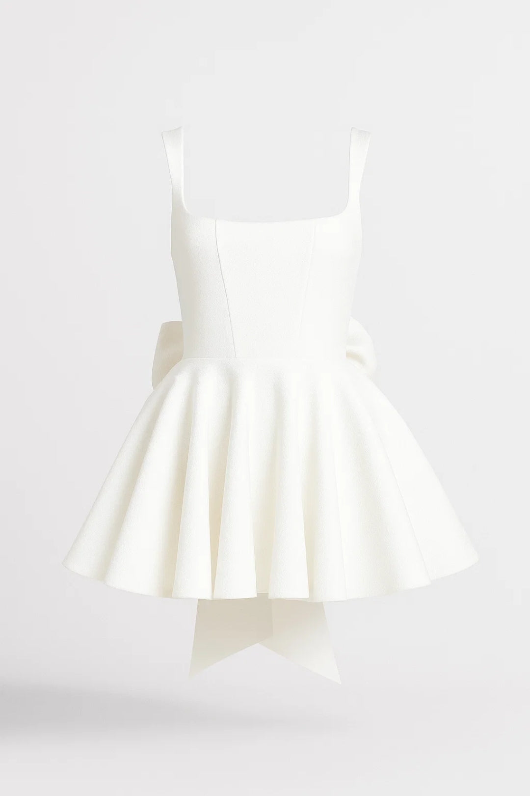 White mini dress with square neckline, corset-style bodice and flared skirt, shown flat against a pale background 1