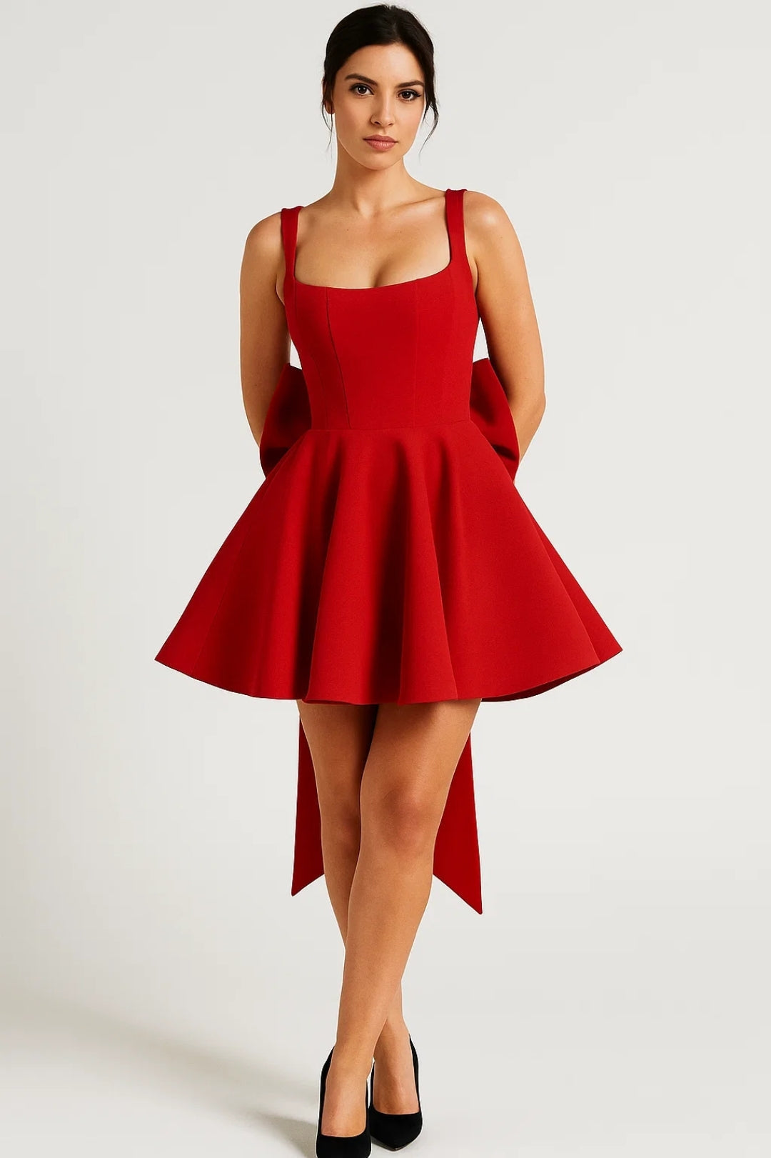 Model wearing the dress in red, front view, with the bow tails hanging behind and black heels 7
