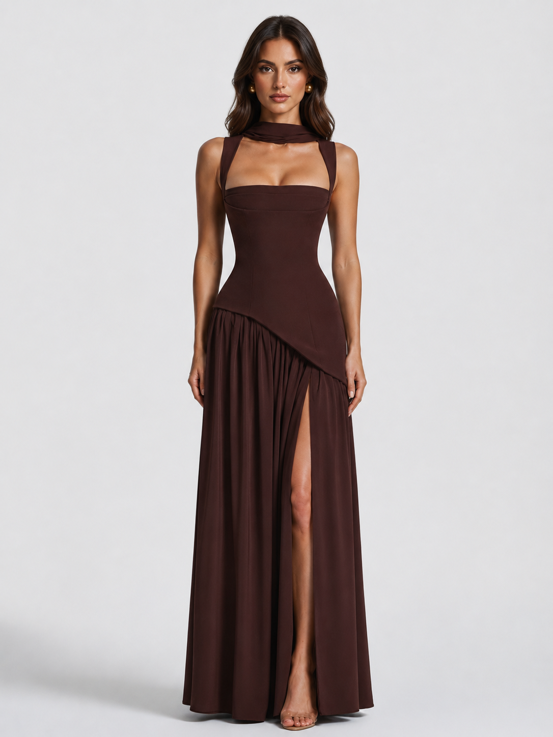 Sculpted Draped Satin-Feel Maxi Dress 1