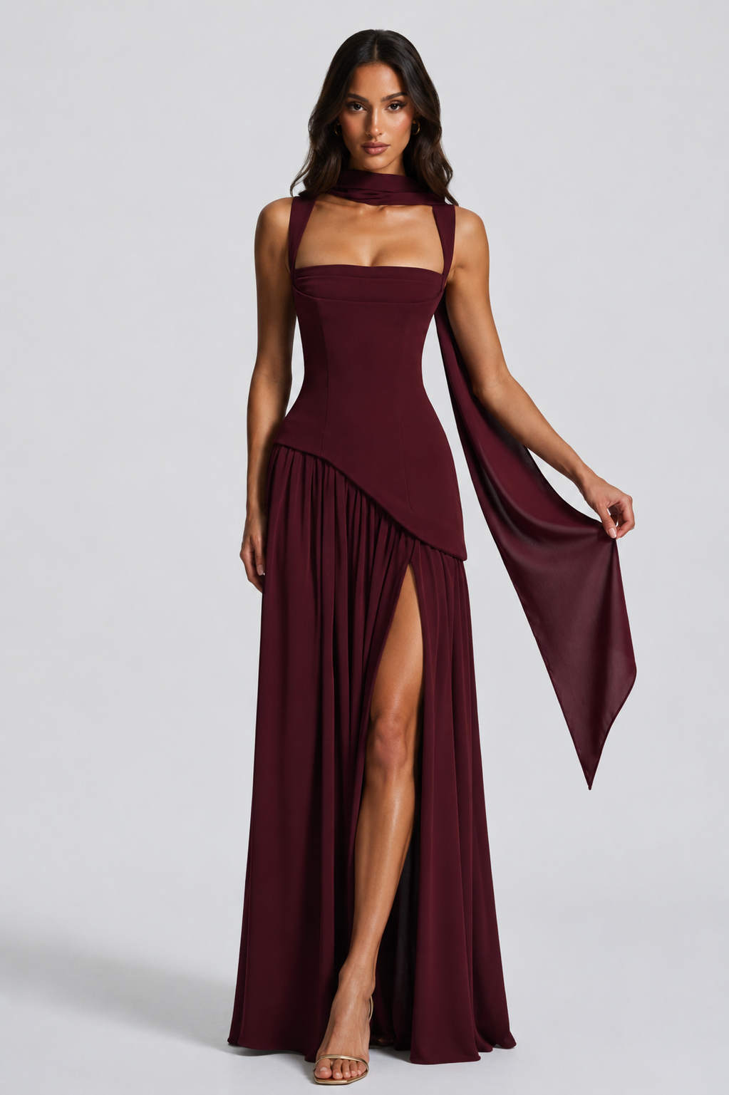 Sculpted Draped Satin-Feel Maxi Dress 9