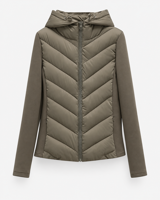 Women's Hooded Quilted Puffer Jacket with Chevron Padding, Zip Front 1