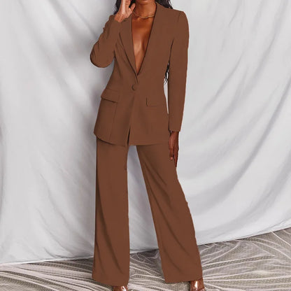 Chocolate brown blazer and wide-leg trousers worn by a model, front view with flap pockets visible 10