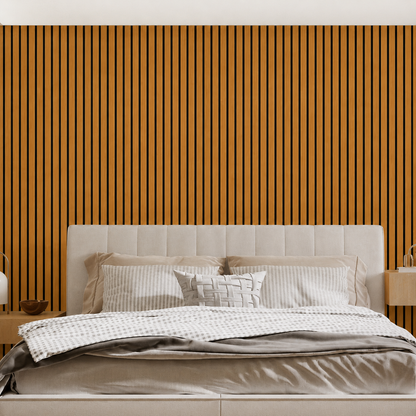 Wood-effect slat wall used as a bedroom feature behind an upholstered headboard and striped bedding 6