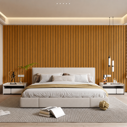 Wood-effect slat wall behind a double bed in a modern bedroom with pendant lights 3