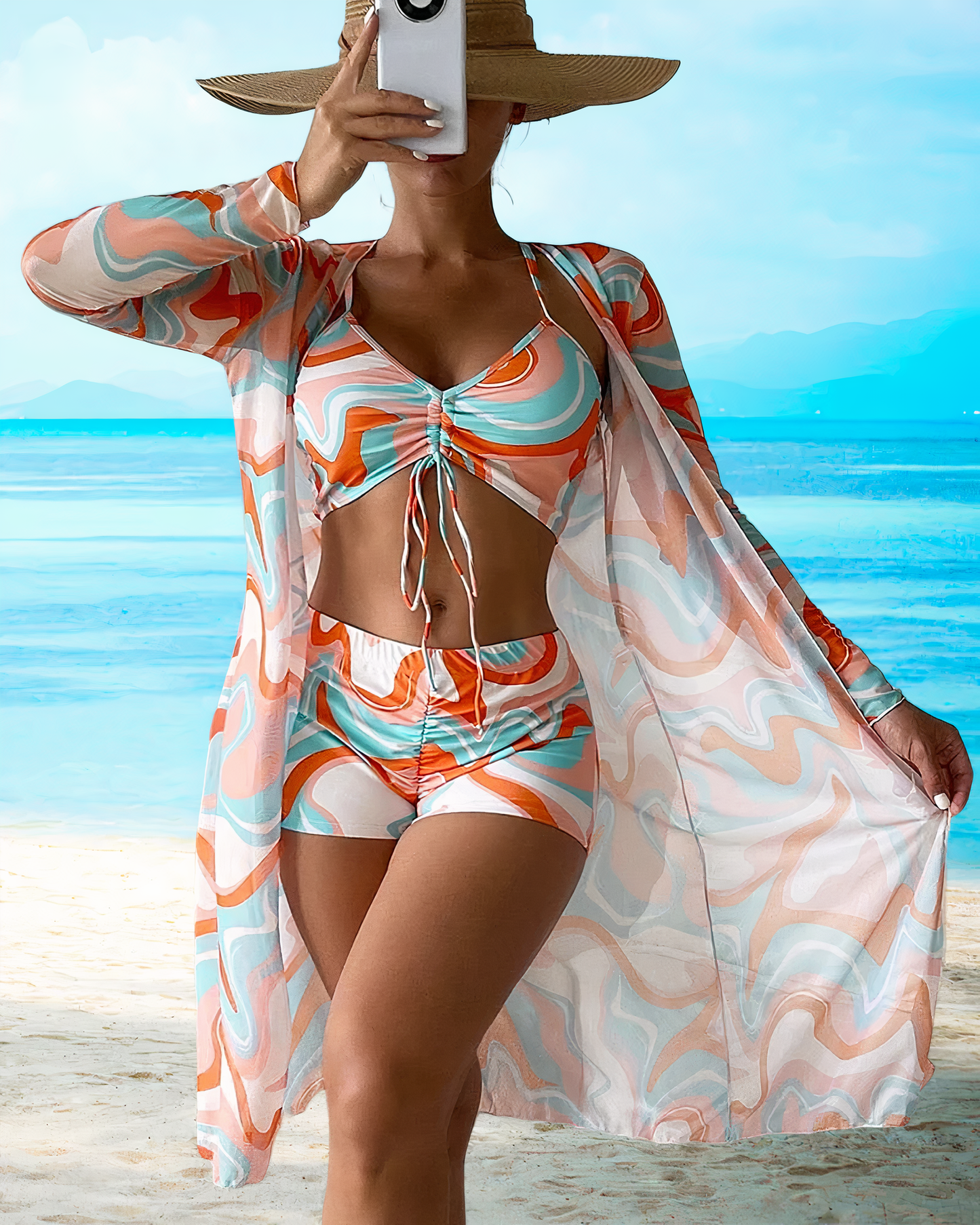 Three-piece bikini set with high-waisted bottoms and cover-up – Marisse