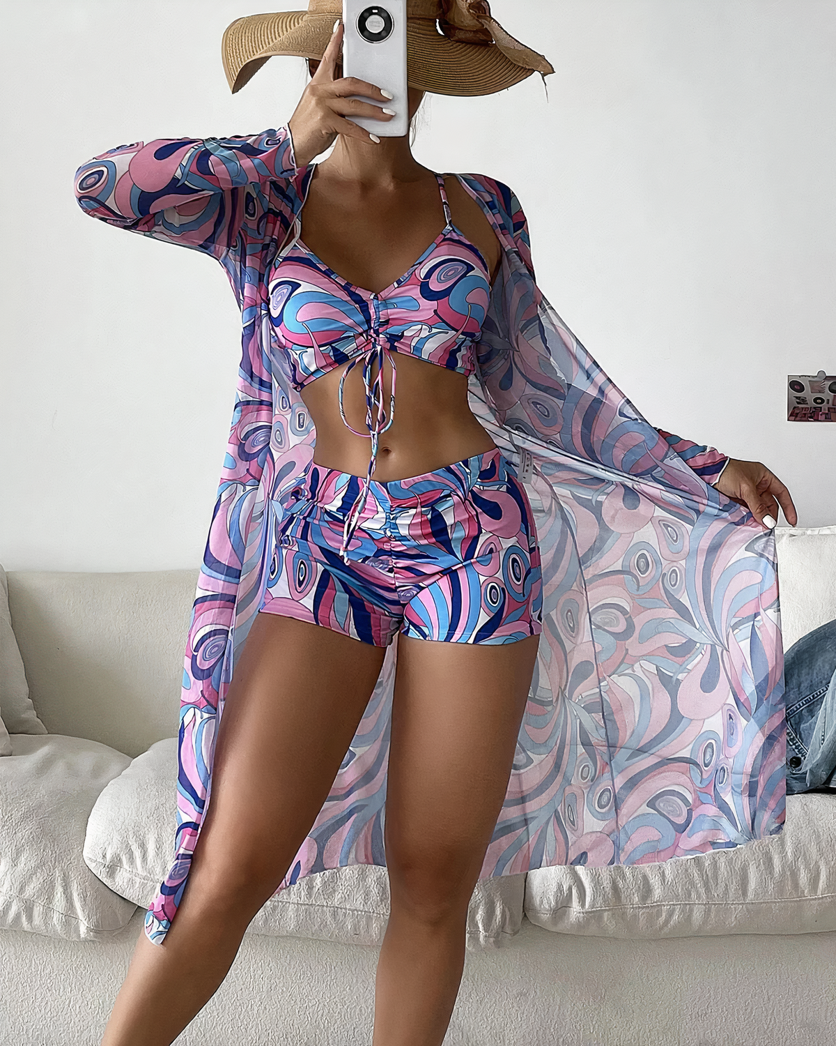 Three-piece bikini set with high-waisted bottoms and cover-up – Marisse