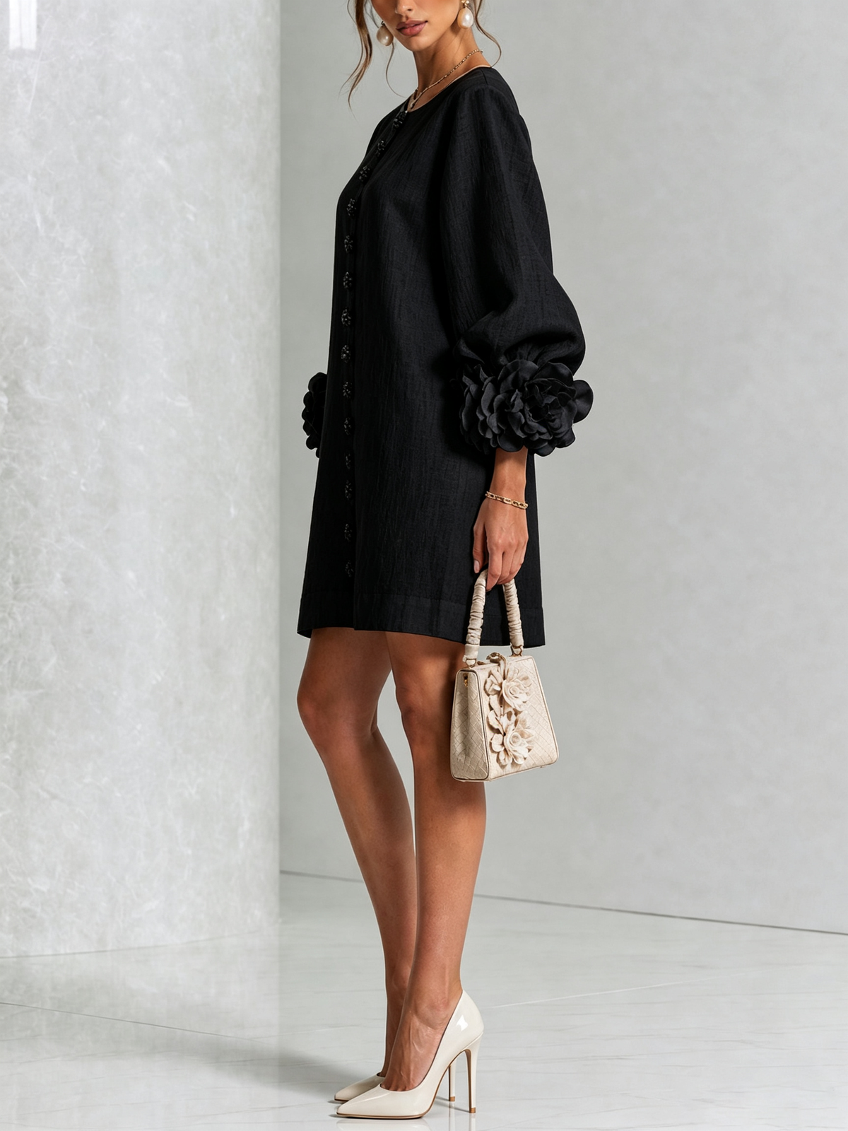 Linen Blend Shirt Dress with Rosette Trim Sleeves 22