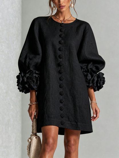 Women's Linen Puff Long Sleeve Tunic Mini Shift Dress 15