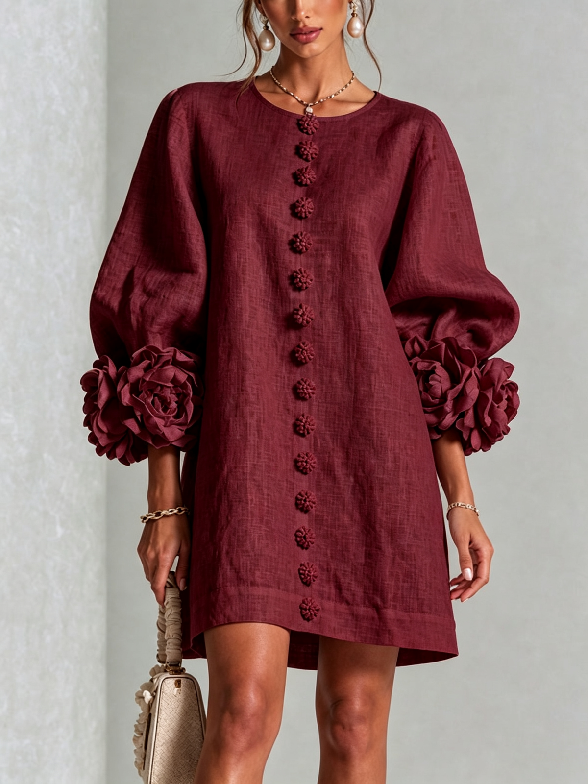 Elegant A-Line Dress with Volume Sleeves and Floral Buttons 35