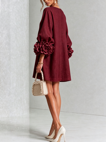 Elegant A-Line Dress with Volume Sleeves and Floral Buttons 37