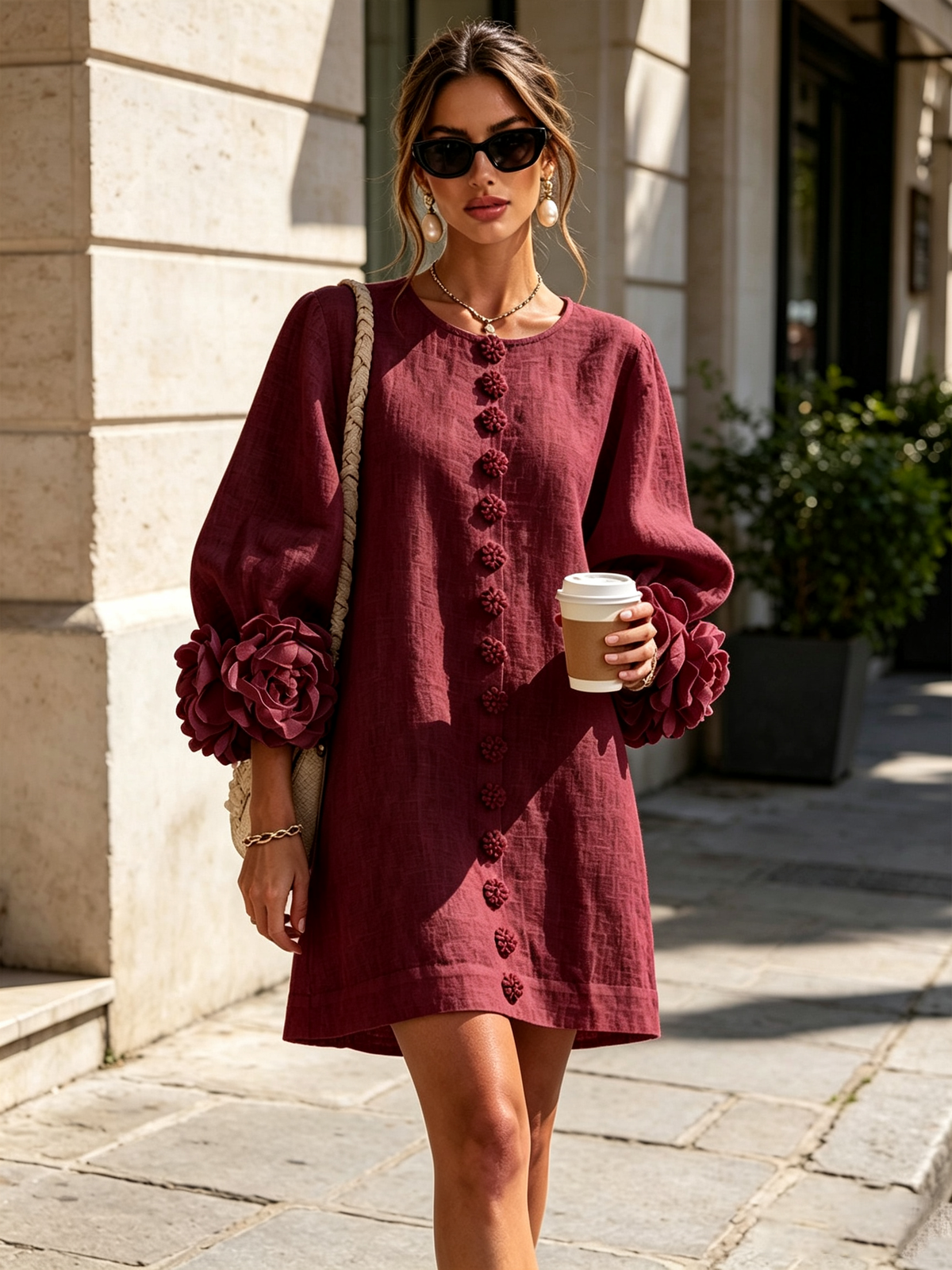 Burgundy dress worn on a sunny street, with sunglasses, a braided shoulder bag and a takeaway coffee. 38