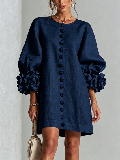 Linen Blend Shirt Dress with Rosette Trim Sleeves 12