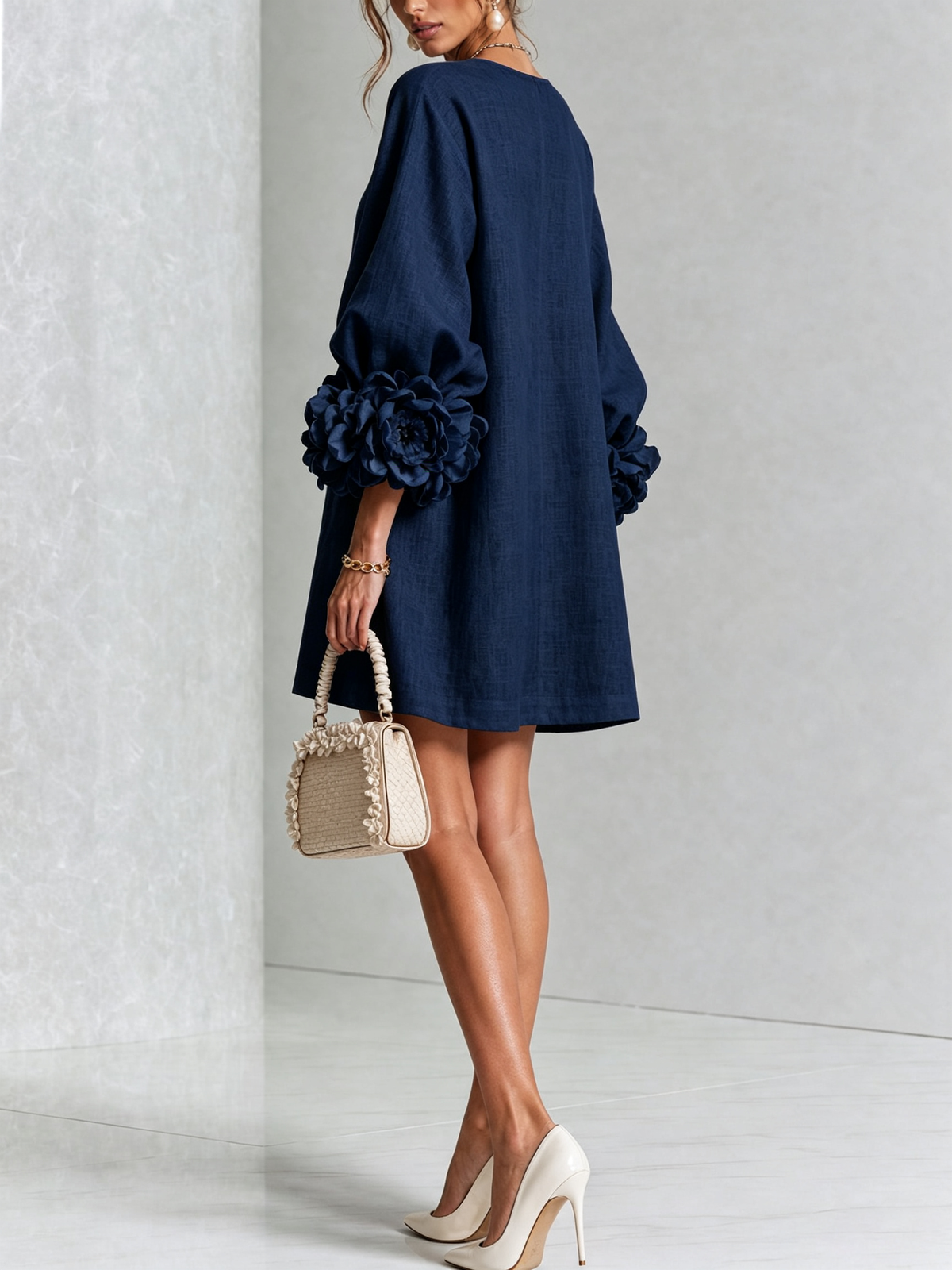 Linen Blend Shirt Dress with Rosette Trim Sleeves 20