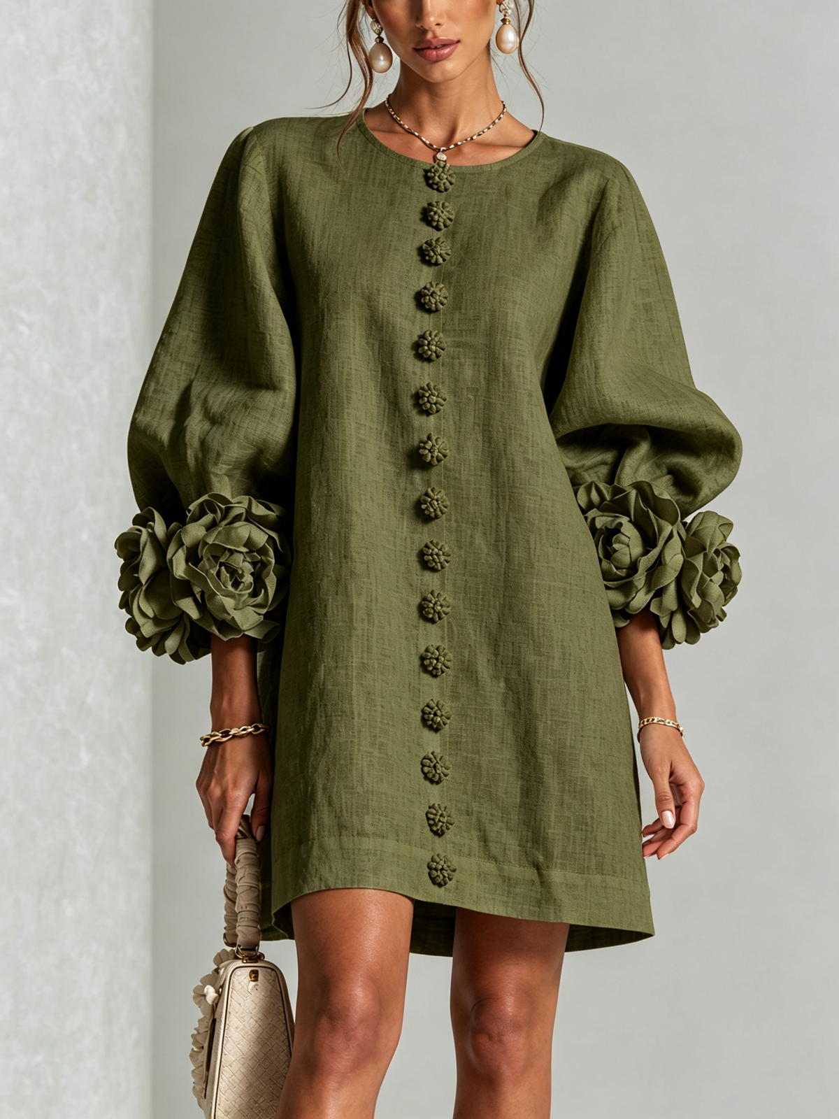 Women's Linen Puff Long Sleeve Tunic Mini Shift Dress 7