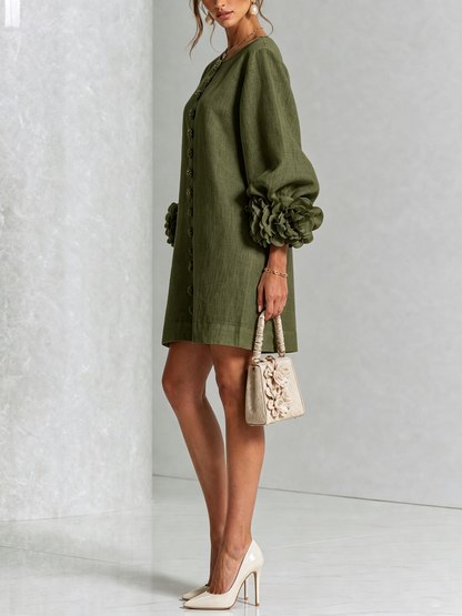 Women's Linen Puff Long Sleeve Tunic Mini Shift Dress 8