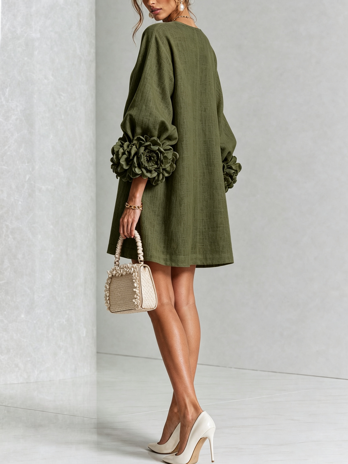 Elegant A-Line Dress with Volume Sleeves and Floral Buttons 9