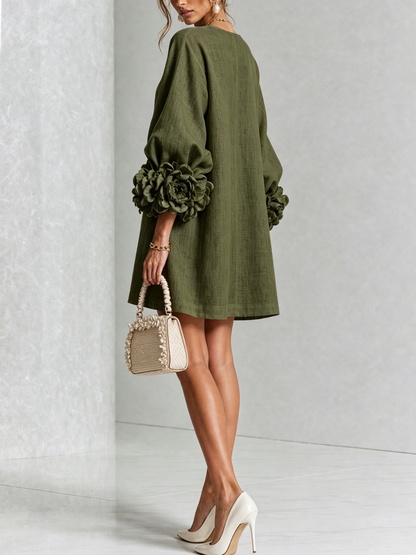 Elegant A-Line Dress with Volume Sleeves and Floral Buttons 9