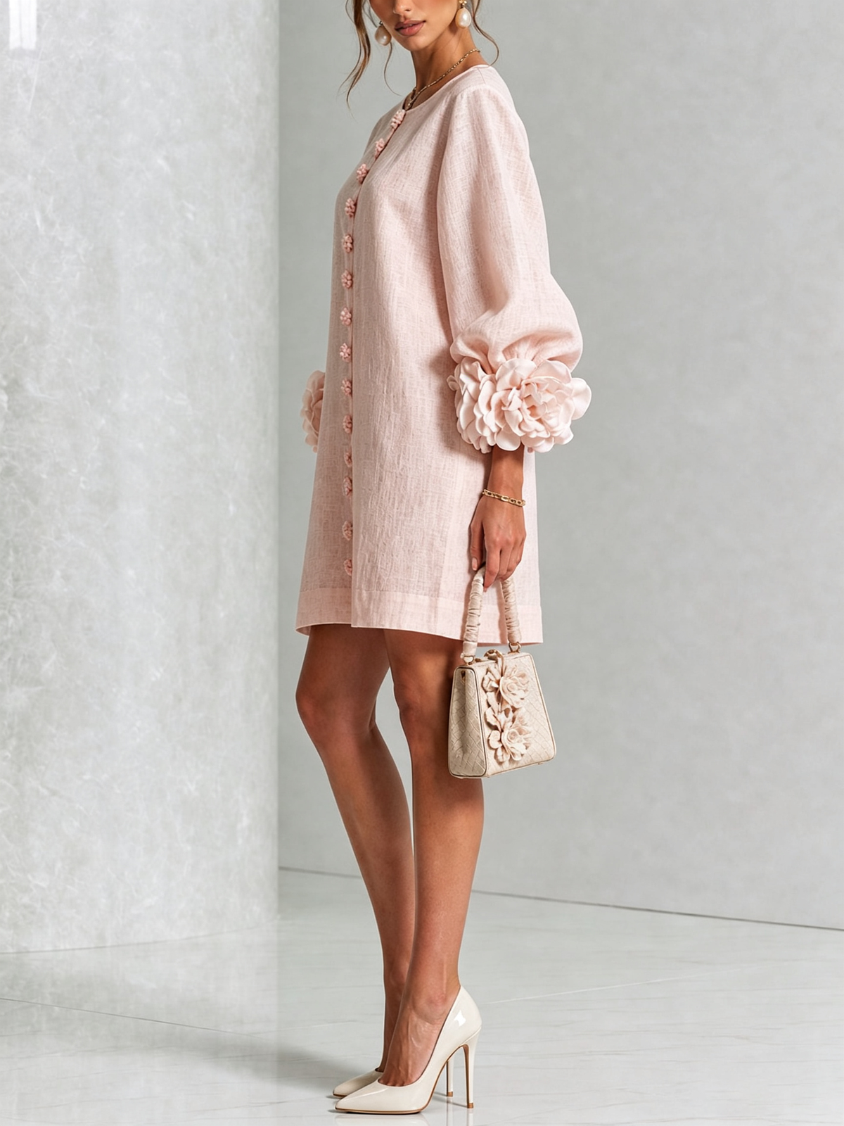 Soft pink version in side view, showing the balloon sleeve with its rose cuff and the buttons down the front. 20
