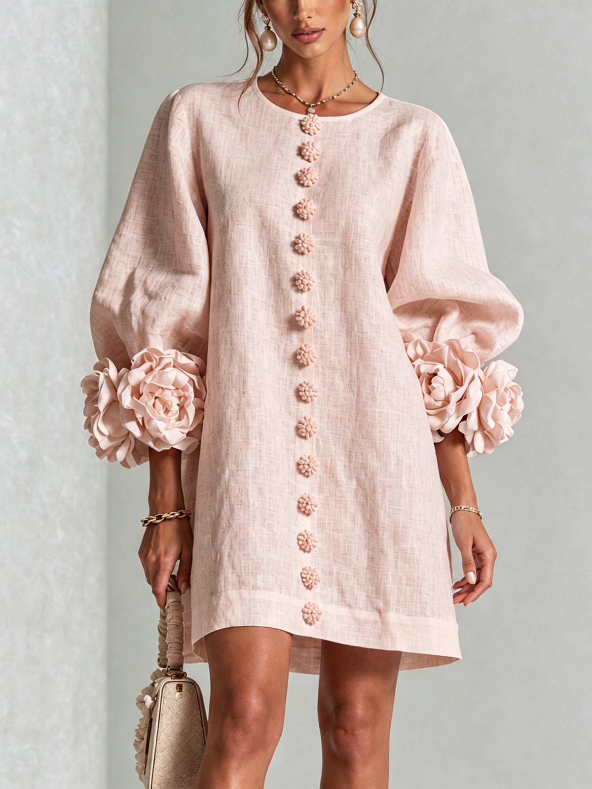 Women's Linen Puff Long Sleeve Tunic Mini Shift Dress 19