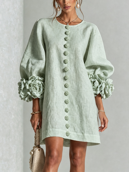 Elegant A-Line Dress with Volume Sleeves and Floral Buttons 31