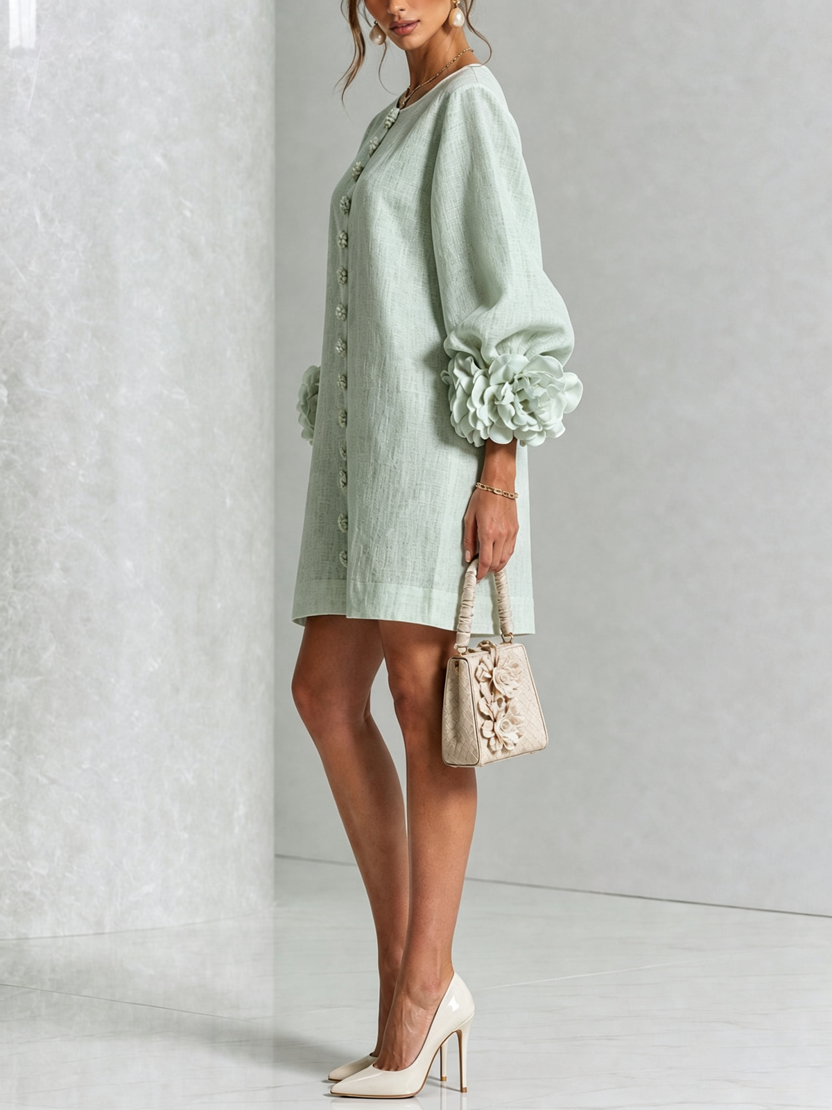 Side view of the mint green dress on a model, showing the rose cuff and floral button line, with a cream handbag. 32
