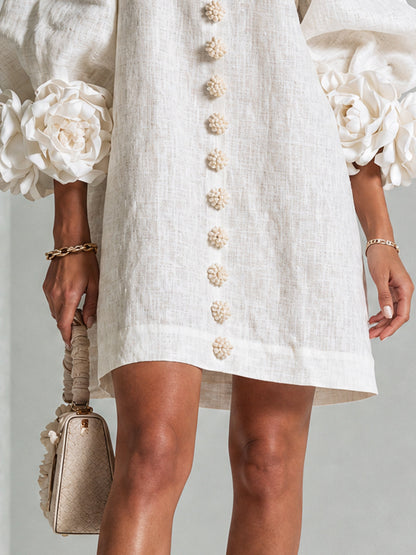 Elegant A-Line Dress with Volume Sleeves and Floral Buttons 6