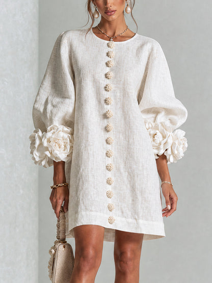 Women's Linen Puff Long Sleeve Tunic Mini Shift Dress 1