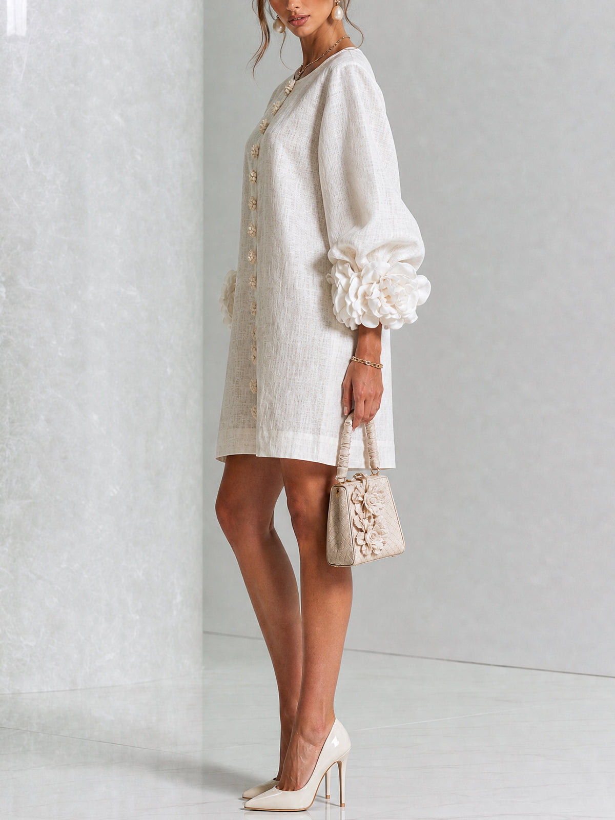 Linen Blend Shirt Dress with Rosette Trim Sleeves 13