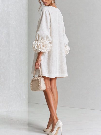 Elegant A-Line Dress with Volume Sleeves and Floral Buttons 3