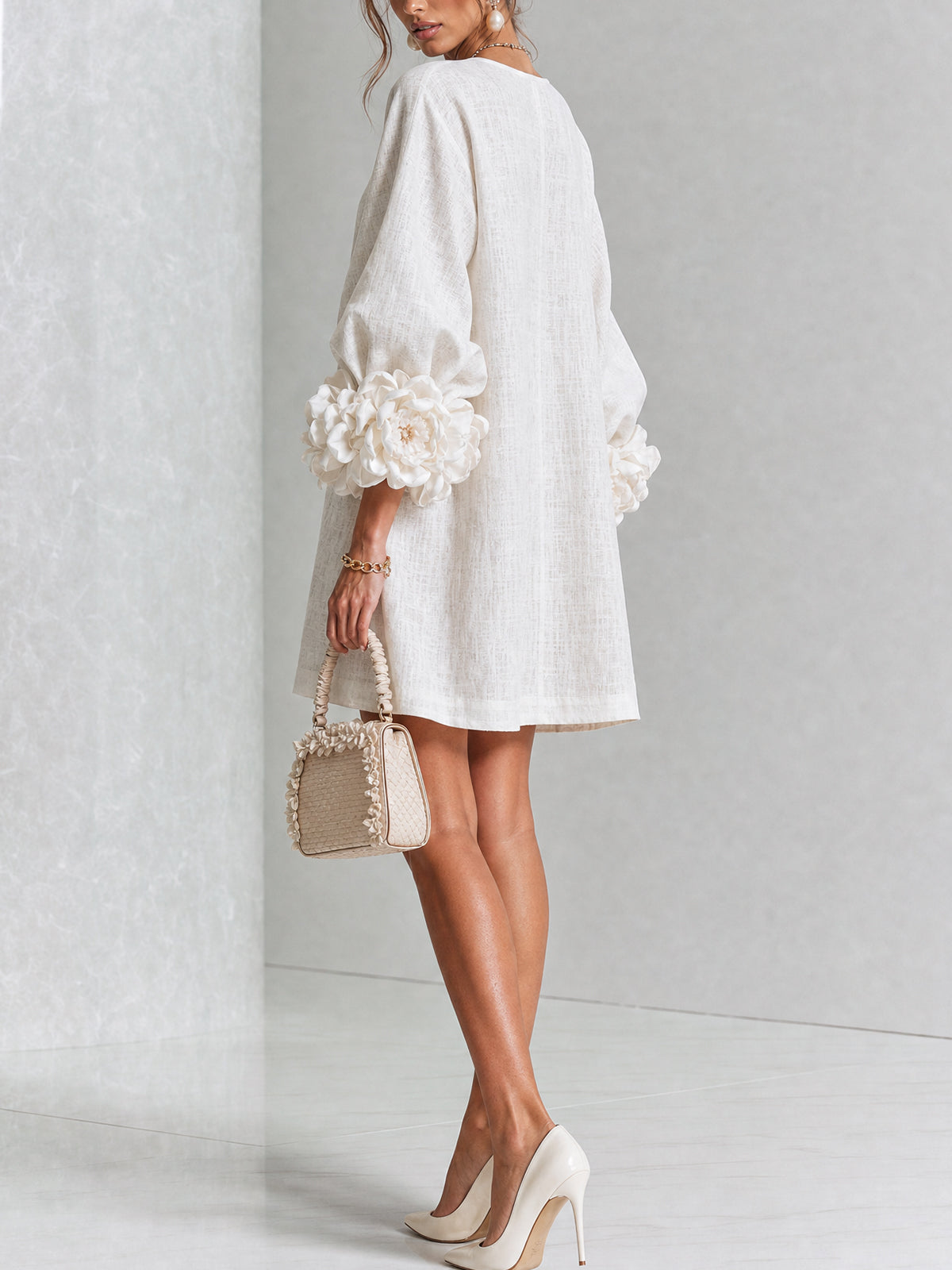 Linen Blend Shirt Dress with Rosette Trim Sleeves 14