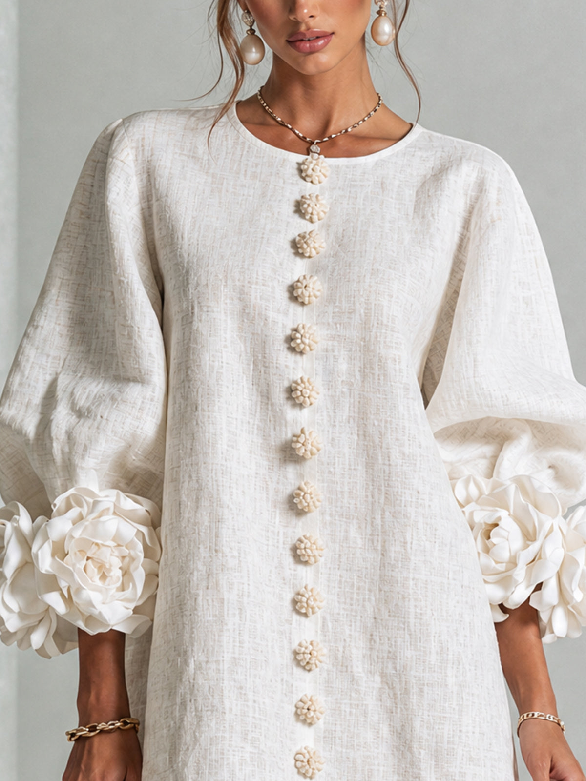Women's Linen Puff Long Sleeve Tunic Mini Shift Dress 5