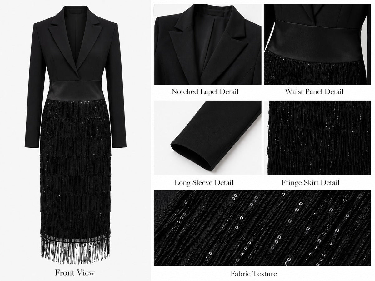 Collage of the flat dress from the front with close-ups of lapel, waist, sleeve, fringe and fabric 5