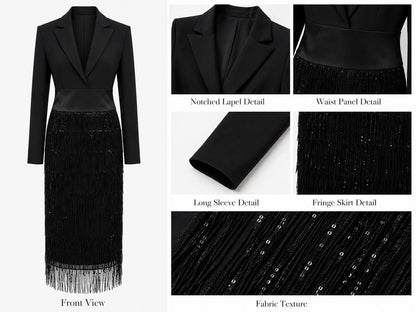Collage of the flat dress from the front with close-ups of lapel, waist, sleeve, fringe and fabric 5