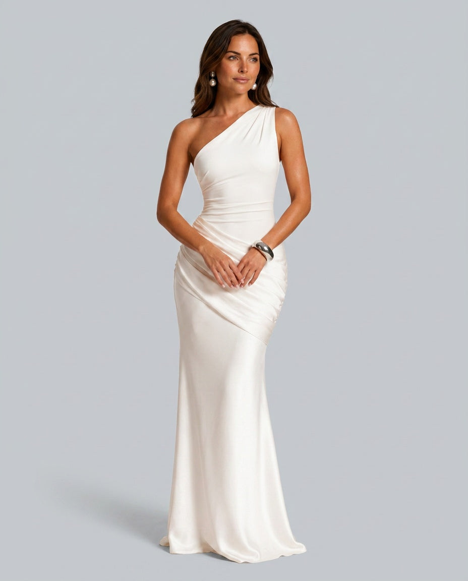 One Shoulder Draped Satin Maxi Dress 3