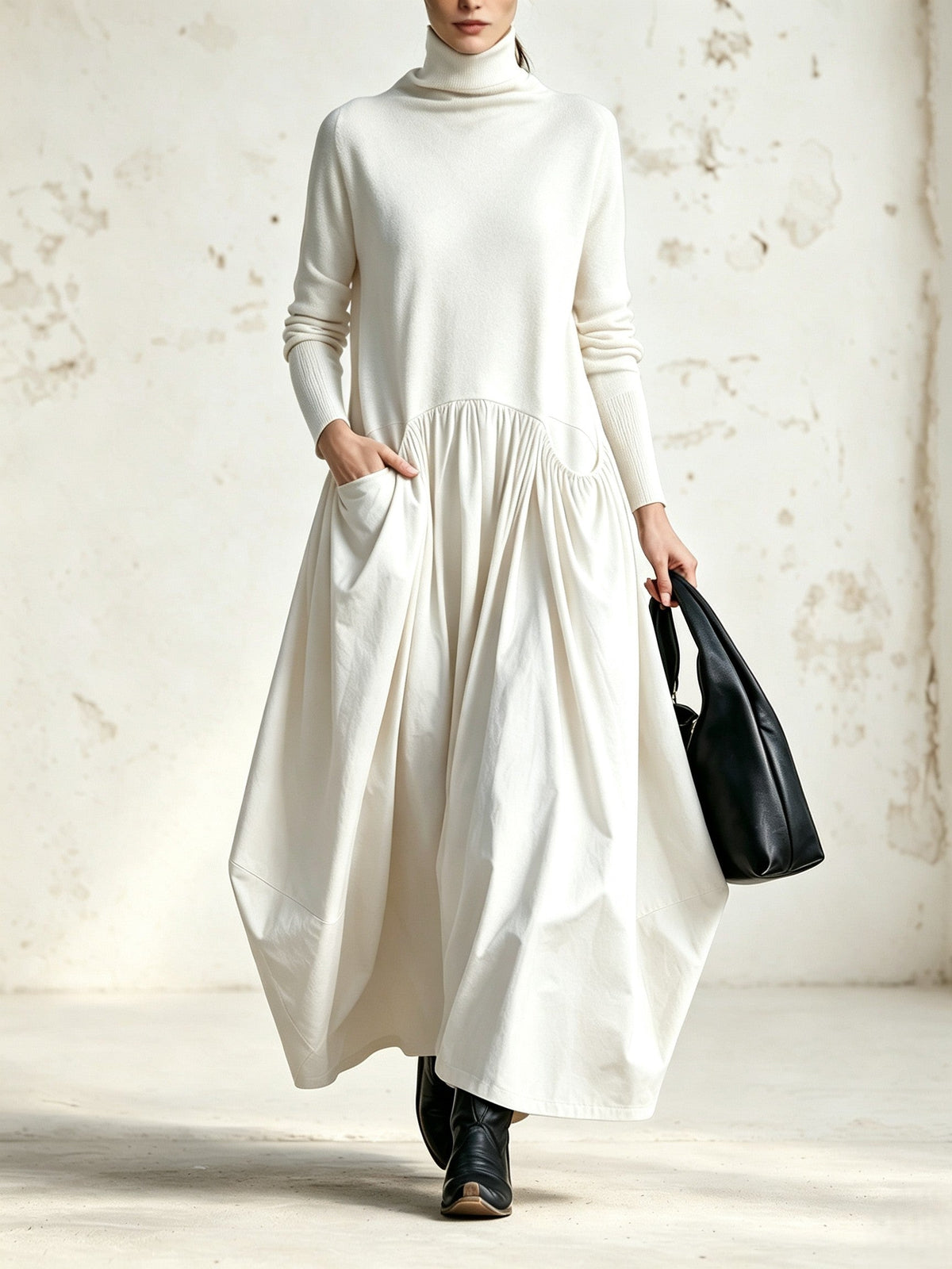 Front view of the dress in cream white, with a soft knitted bodice and voluminous gathered skirt 5