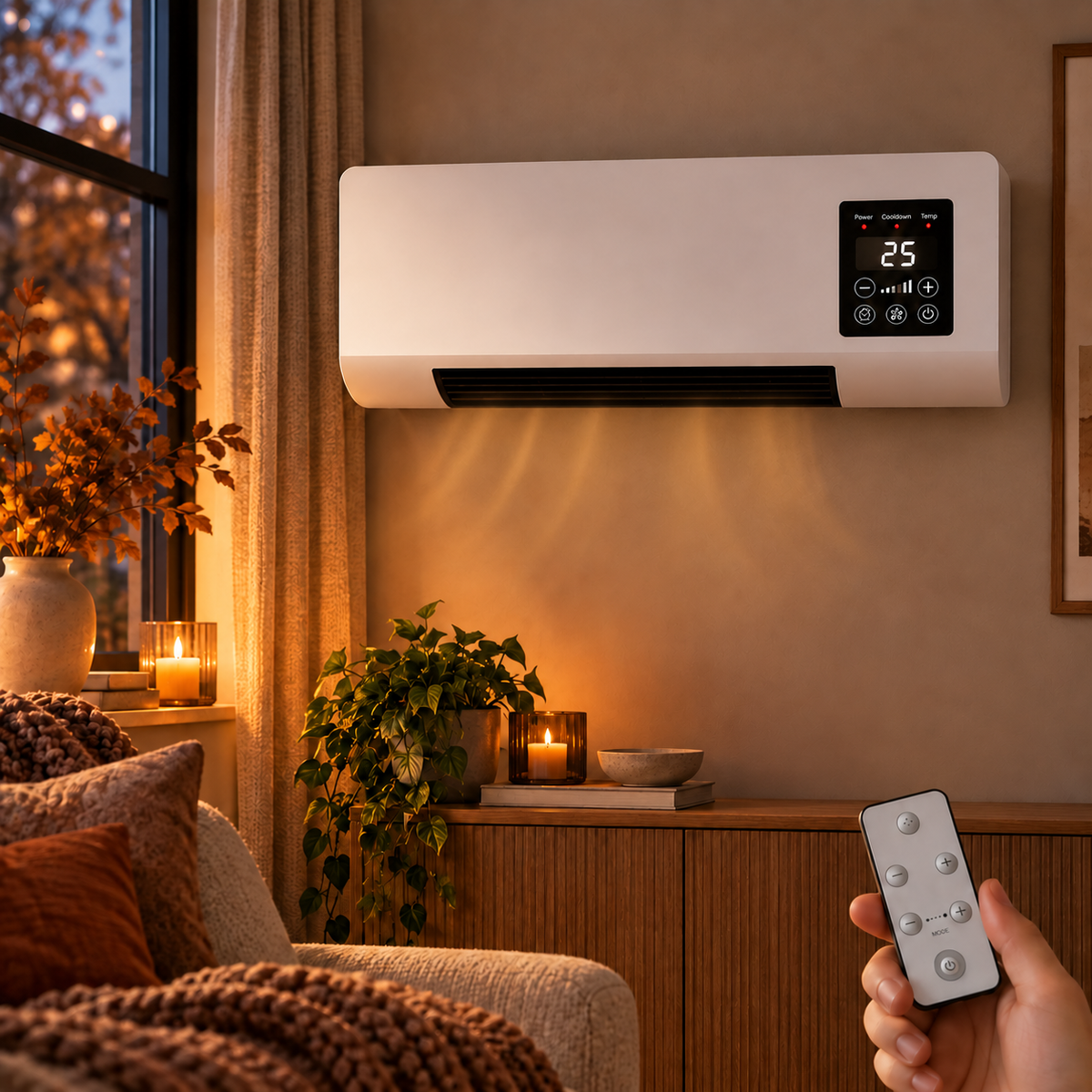 White wall-mounted heater showing 25 on its touch panel, with a hand holding the remote 1