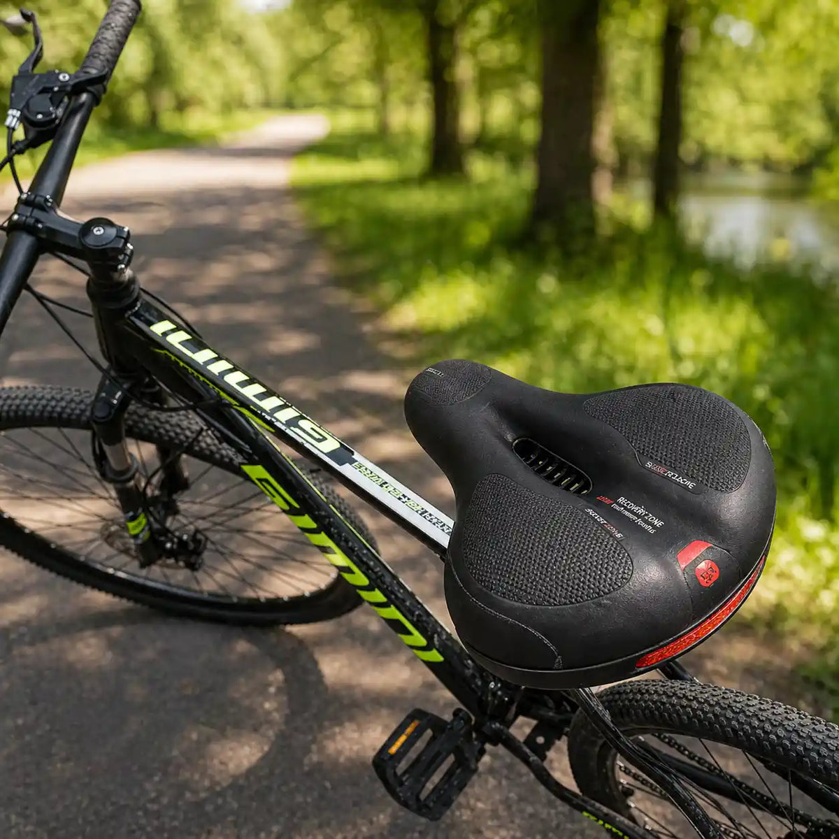 Black saddle fitted to a black and lime green mountain bike on a shaded woodland path. 9