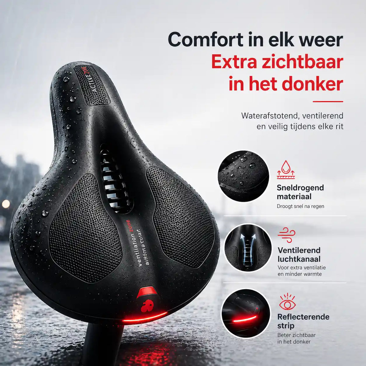 Saddle covered in water droplets in the rain, with close-ups of the quick-drying surface, air channel and red reflective strip. 12