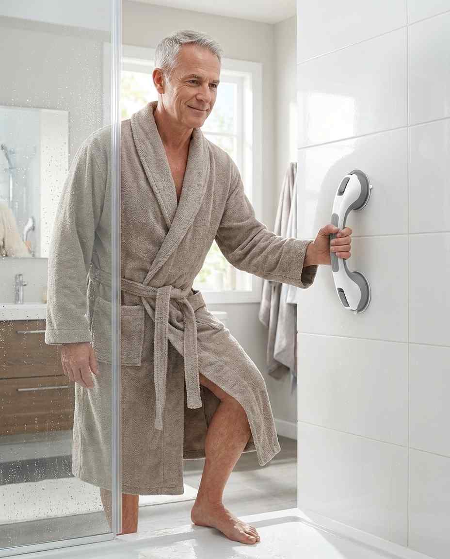 Man in a grey bathrobe steps out of a glass shower enclosure, holding the grab bar fitted upright on a white tiled wall. 15