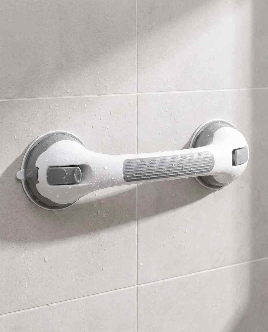 Grab bar mounted horizontally on grey tiles, with water droplets on the textured grey grip and white body. 14