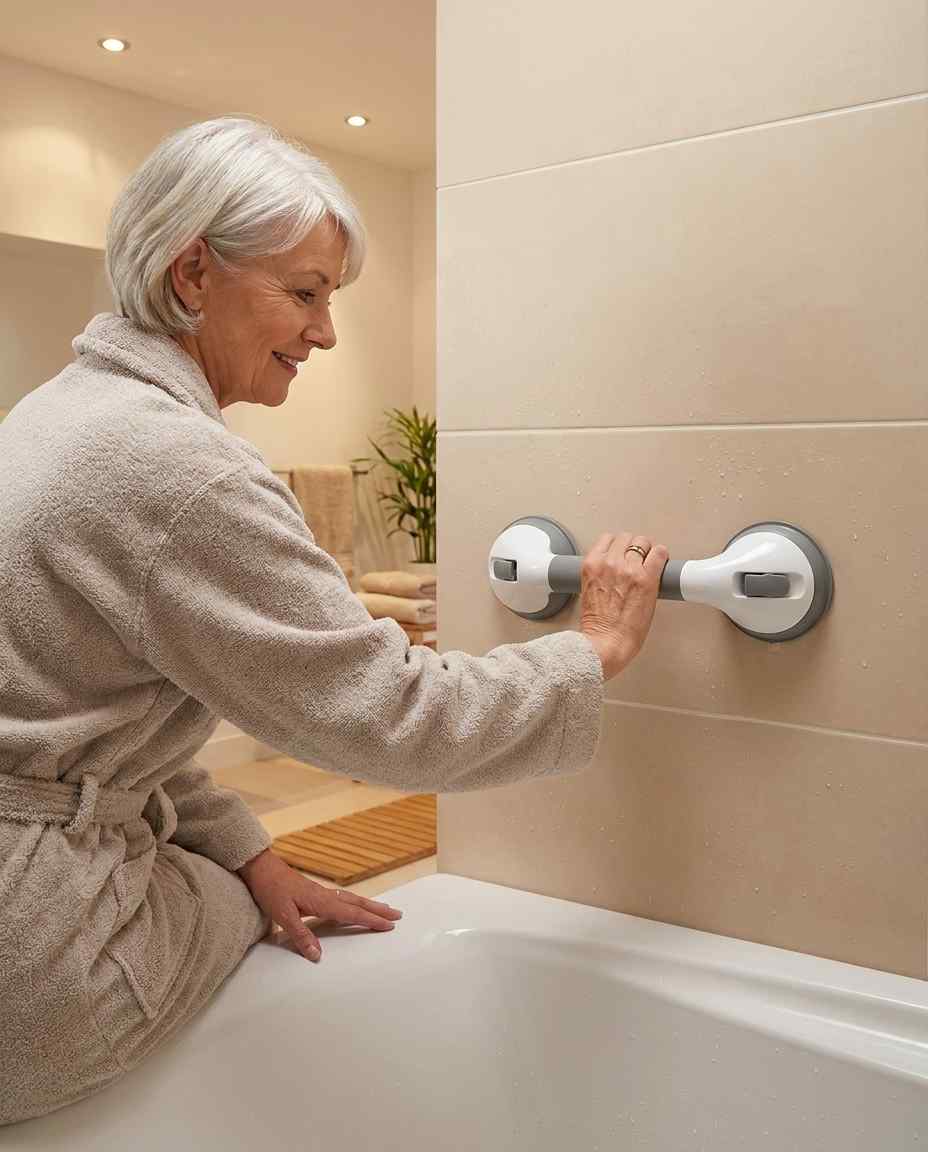 Smiling older woman in a beige robe sits on the bath edge and holds the horizontally mounted grab bar. 16