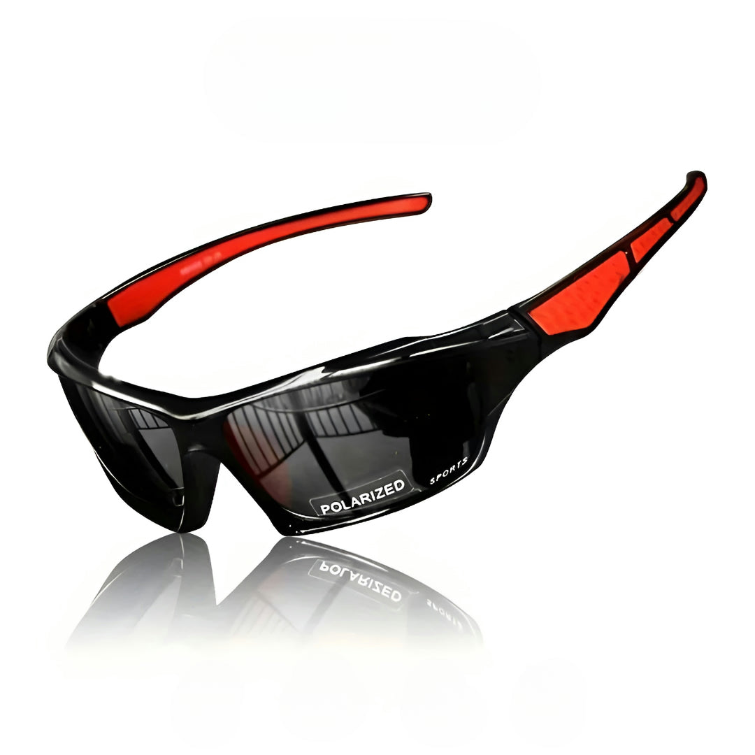 Black sunglasses with dark grey lenses and red arm inserts, angled on a white background with reflection 15