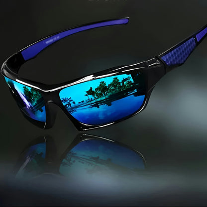 Black sunglasses with blue mirrored lenses and purple-blue textured arm inserts, shown on a dark reflective surface 7