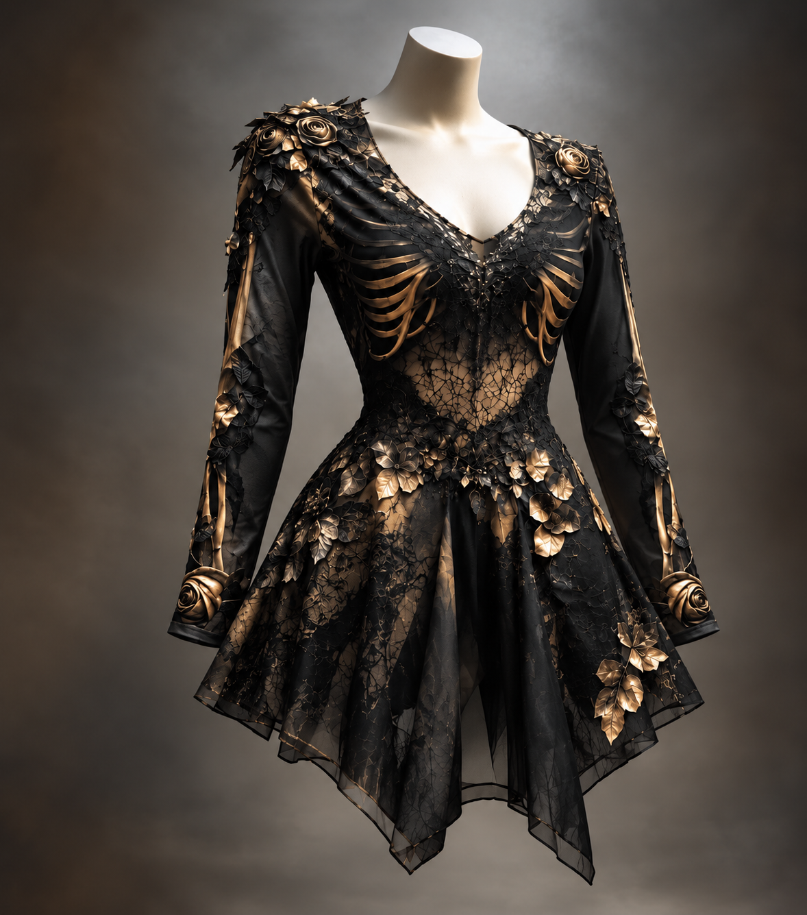 Black version on a mannequin, with sheer lace skirt, gold rib-bone print on the bodice and sleeves, and gold roses and leaves. 1