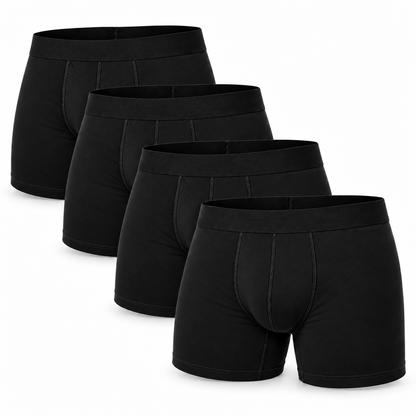 Four black boxer briefs overlapping in a stack, showing the front panel seams and matching waistbands. 12