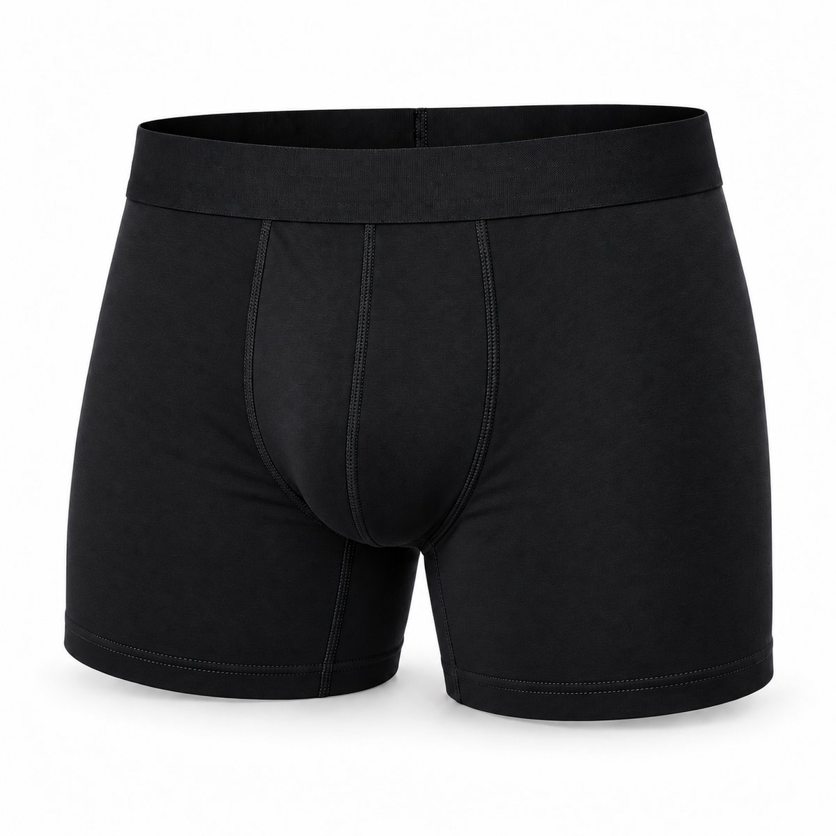 Single black boxer brief seen from the front, showing the stitched front panel, wide waistband and hemmed leg openings. 13