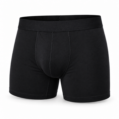 Single black boxer brief seen from the front, showing the stitched front panel, wide waistband and hemmed leg openings. 13
