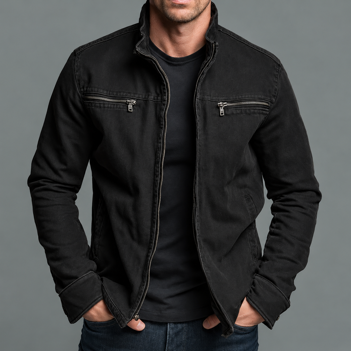 Model wearing the washed black version of the jacket, unzipped over a black tee 5